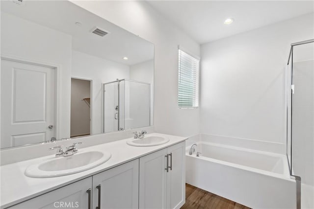bathroom featuring double vanity, a garden tub, a stall shower, and a sink