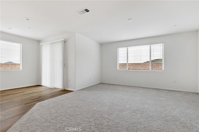 spare room featuring baseboards, visible vents, a wealth of natural light, and carpet flooring