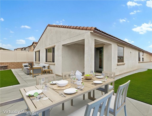 25441 Luna Peak Rd, Menifee, CA 92586 - view of patio featuring outdoor dining space, outdoor lounge area, and fence