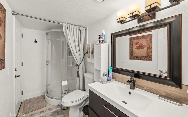 39675 Via Las Palmas, Murrieta, CA 92563 - full bathroom featuring vanity, a textured ceiling, toilet, and a shower stall