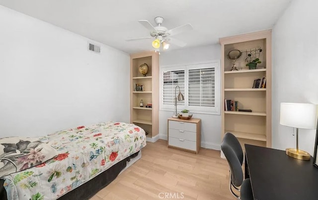 39675 Via Las Palmas, Murrieta, CA 92563 - bedroom featuring visible vents, light wood-style flooring, ceiling fan, and baseboards
