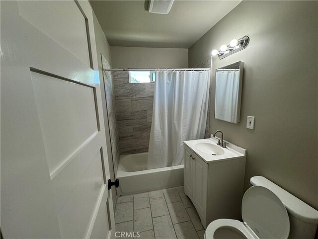 3723 Buckeye St, Clearlake, CA 95422 - bathroom with marble finish floor, shower / bathtub combination with curtain, visible vents, toilet, and vanity