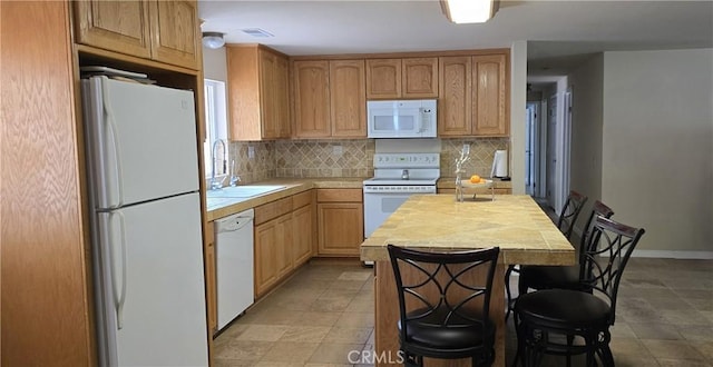 1929 Lebec Oaks Dr, Lebec, CA 93243 - kitchen with visible vents, a sink, white appliances, butcher block counters, and decorative backsplash
