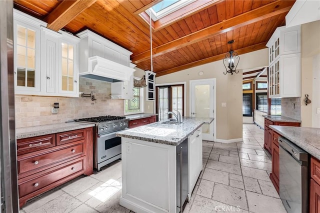 1341 E Harvest Moon St, West Covina, CA 91792 - kitchen with stainless steel appliances, wooden ceiling, stone tile floors, a skylight, and backsplash
