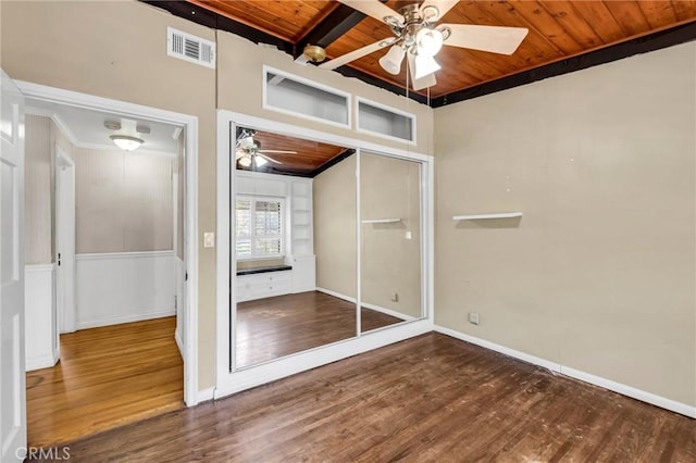 1341 E Harvest Moon St, West Covina, CA 91792 - unfurnished bedroom featuring wood ceiling with exposed beams, wood finished floors, baseboards, a ceiling fan, and crown molding