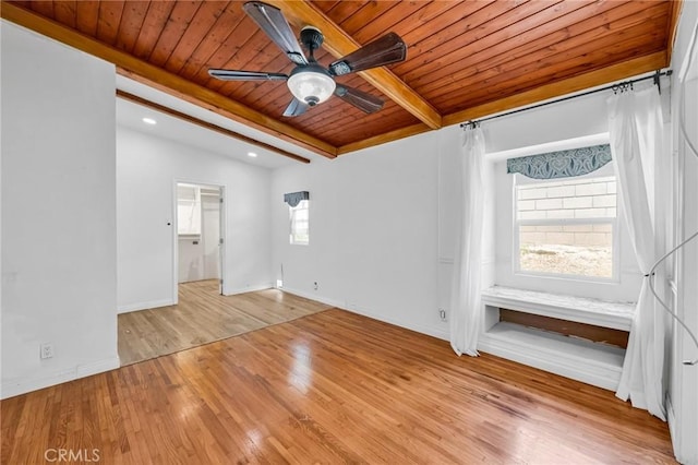1341 E Harvest Moon St, West Covina, CA 91792 - spare room featuring wooden ceiling with exposed beams, ceiling fan, wood finished floors, baseboards, and recessed lighting