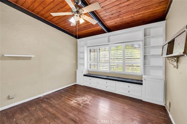 1341 E Harvest Moon St, West Covina, CA 91792 - unfurnished room featuring wooden ceiling with exposed beams, dark wood-style floors, ceiling fan, and baseboards