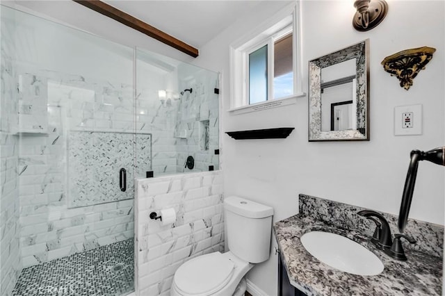 1341 E Harvest Moon St, West Covina, CA 91792 - full bathroom featuring toilet, vanity, a shower stall, and beamed ceiling