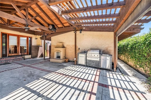 1341 E Harvest Moon St, West Covina, CA 91792 - view of patio with exterior fireplace, ceiling fan, a pergola, and french doors