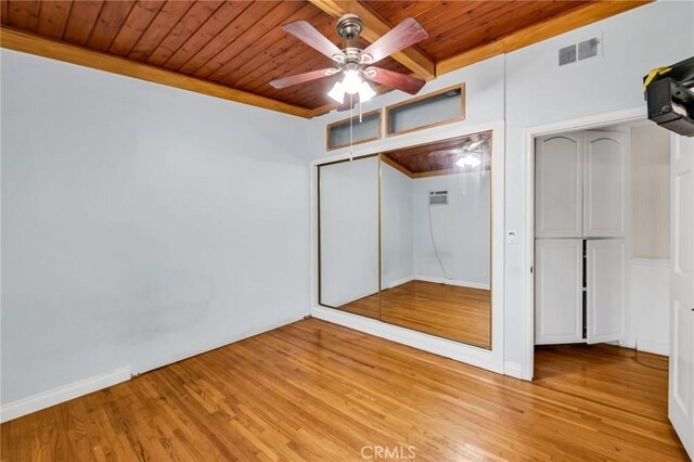 1341 E Harvest Moon St, West Covina, CA 91792 - unfurnished bedroom with wooden ceiling, light wood-style floors, baseboards, and a ceiling fan