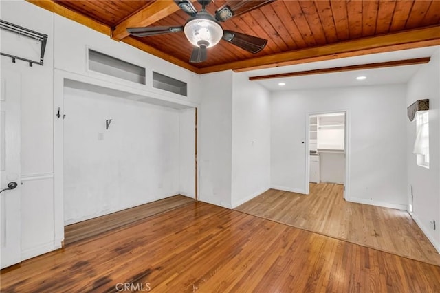 1341 E Harvest Moon St, West Covina, CA 91792 - unfurnished room featuring wooden ceiling with exposed beams, wood finished floors, a ceiling fan, baseboards, and recessed lighting