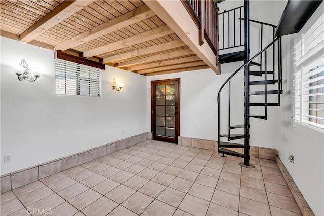 1341 E Harvest Moon St, West Covina, CA 91792 - interior space with wooden ceiling, stairway, and tile patterned floors