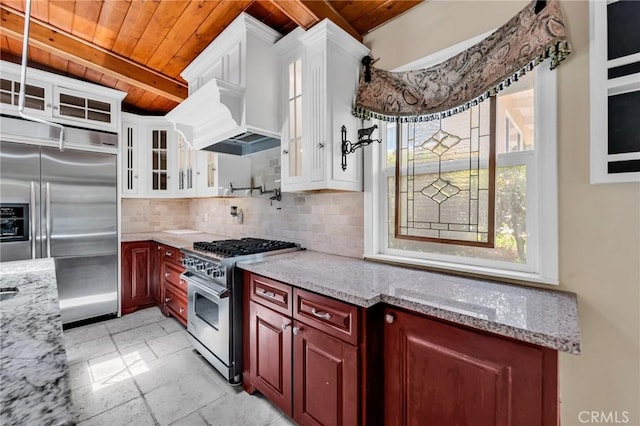 1341 E Harvest Moon St, West Covina, CA 91792 - kitchen featuring wood ceiling with exposed beams, high end appliances, backsplash, light stone counters, and reddish brown cabinets