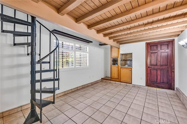 1341 E Harvest Moon St, West Covina, CA 91792 - entrance foyer featuring wood ceiling with exposed beams and light tile patterned flooring