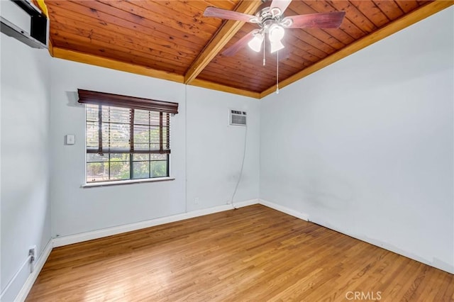 1341 E Harvest Moon St, West Covina, CA 91792 - unfurnished room with wooden ceiling with exposed beams, wood finished floors, a ceiling fan, and baseboards