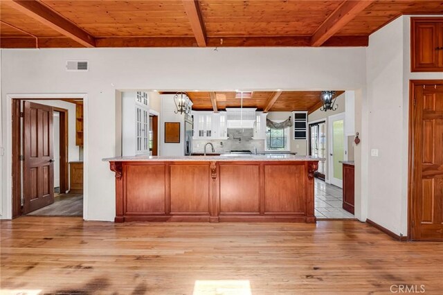 1341 E Harvest Moon St, West Covina, CA 91792 - kitchen with wood ceiling with exposed beams, a peninsula, light wood-style flooring, light countertops, and a sink