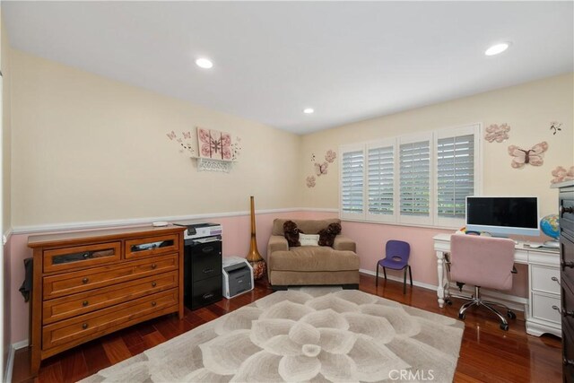 office space featuring baseboards, dark wood-style floors, and recessed lighting