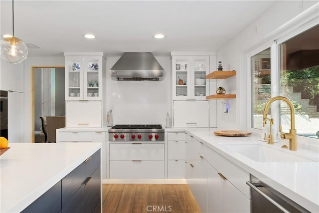 11030 Cozycroft Ave, Chatsworth, CA 91311 - kitchen with ventilation hood, stainless steel appliances, a sink, light countertops, and white cabinetry