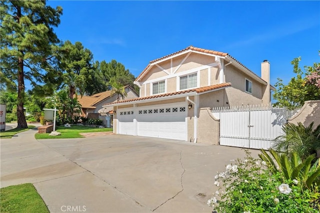 view of property exterior featuring a chimney, fence, a tiled roof, stucco siding, and concrete driveway