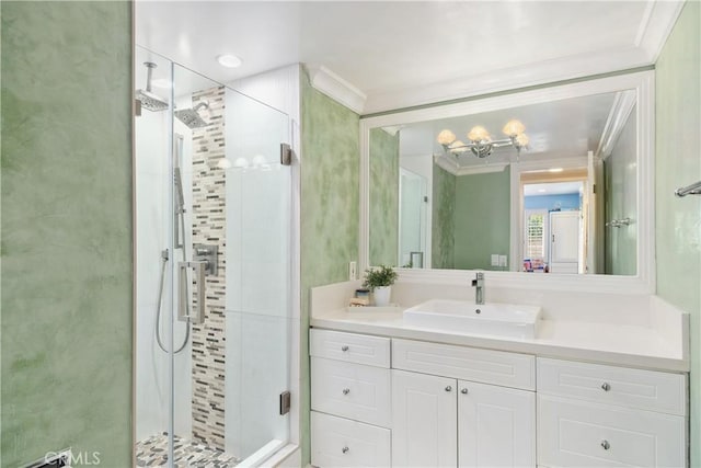 11030 Cozycroft Ave, Chatsworth, CA 91311 - full bath with a shower stall, ornamental molding, a chandelier, and vanity