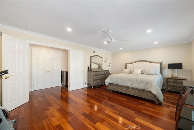 11030 Cozycroft Ave, Chatsworth, CA 91311 - bedroom with wood finished floors, crown molding, recessed lighting, and a ceiling fan