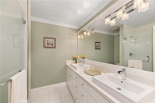 11030 Cozycroft Ave, Chatsworth, CA 91311 - bathroom with a chandelier, a stall shower, tile patterned flooring, crown molding, and baseboards