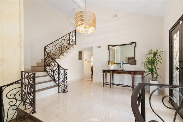 11030 Cozycroft Ave, Chatsworth, CA 91311 - foyer featuring a chandelier, high vaulted ceiling, stairs, and beamed ceiling