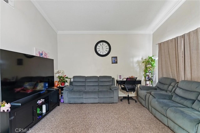 1010 Margarita Dr Unit B201, Corona, CA 92879 - living area with visible vents, ornamental molding, and carpet