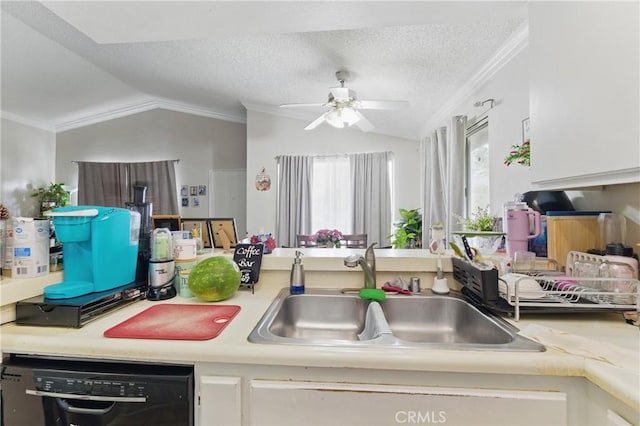 1010 Margarita Dr Unit B201, Corona, CA 92879 - kitchen featuring a sink, black dishwasher, crown molding, white cabinets, and lofted ceiling