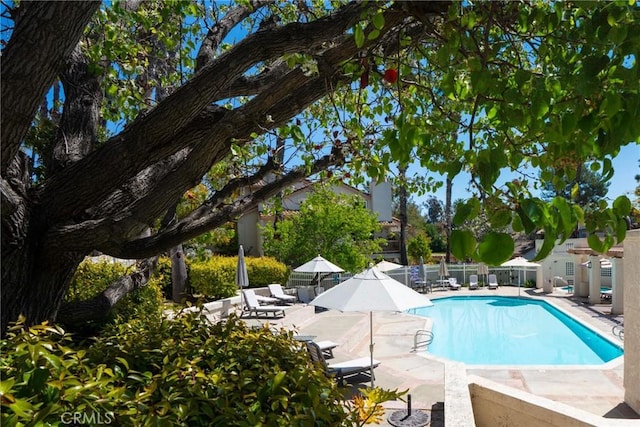 community pool with fence and a patio area