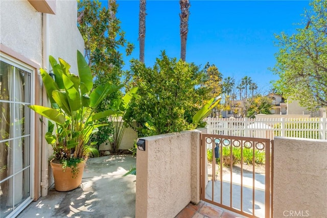 view of gate with a patio and fence