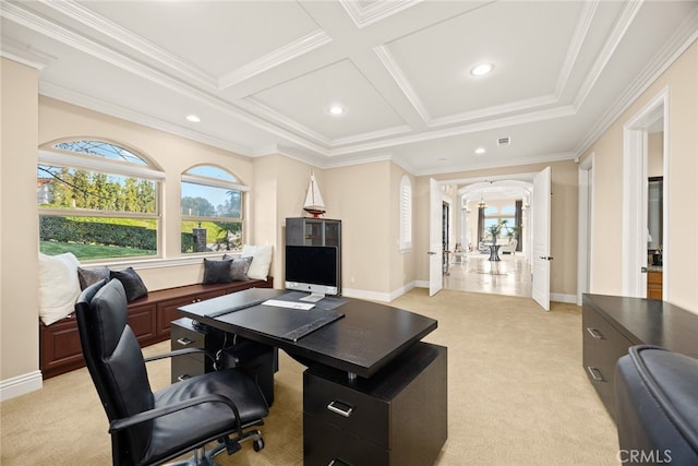 15841 Aurora Crest Dr, Whittier, CA 90605 - office with arched walkways, plenty of natural light, light carpet, recessed lighting, and ornamental molding