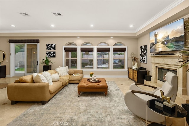 15841 Aurora Crest Dr, Whittier, CA 90605 - living area with recessed lighting, a premium fireplace, ornamental molding, and tile patterned floors