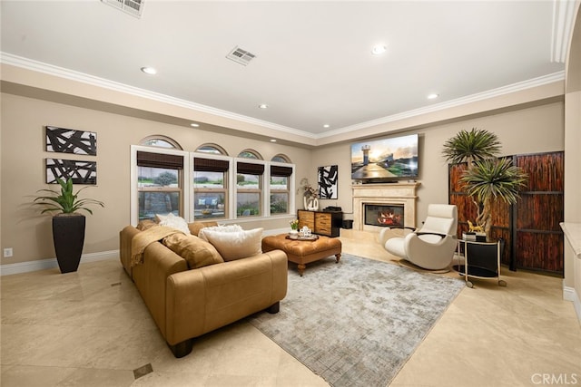 15841 Aurora Crest Dr, Whittier, CA 90605 - living room featuring recessed lighting, crown molding, a fireplace, and baseboards