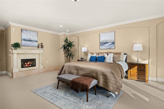 15841 Aurora Crest Dr, Whittier, CA 90605 - carpeted bedroom with ornamental molding, baseboards, a fireplace, and recessed lighting