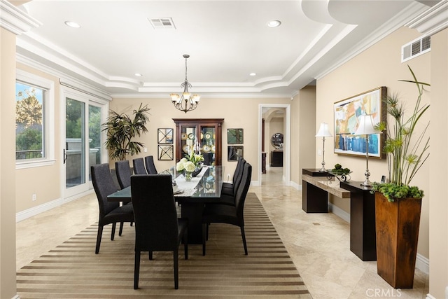 15841 Aurora Crest Dr, Whittier, CA 90605 - dining space featuring a tray ceiling, a chandelier, recessed lighting, ornamental molding, and baseboards