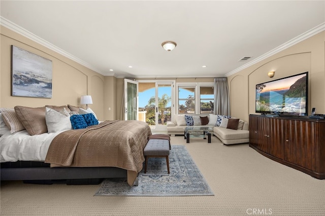 15841 Aurora Crest Dr, Whittier, CA 90605 - carpeted bedroom featuring access to exterior, ornamental molding, and recessed lighting