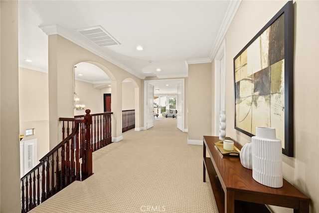 15841 Aurora Crest Dr, Whittier, CA 90605 - corridor featuring an upstairs landing, recessed lighting, light colored carpet, baseboards, and ornamental molding