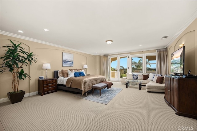 15841 Aurora Crest Dr, Whittier, CA 90605 - bedroom featuring light carpet, ornamental molding, recessed lighting, and baseboards