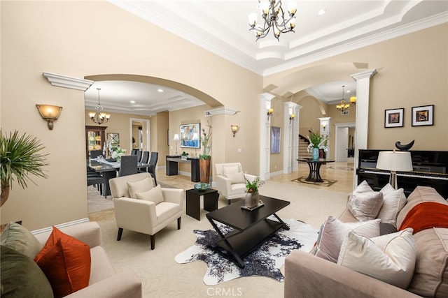 15841 Aurora Crest Dr, Whittier, CA 90605 - living room featuring a chandelier, arched walkways, ornate columns, ornamental molding, and recessed lighting
