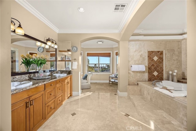 15841 Aurora Crest Dr, Whittier, CA 90605 - full bath featuring crown molding, double vanity, a garden tub, marble finish floors, and baseboards