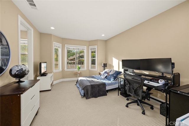 15841 Aurora Crest Dr, Whittier, CA 90605 - bedroom with light carpet, an office area, multiple windows, baseboards, and recessed lighting