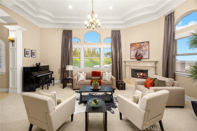 15841 Aurora Crest Dr, Whittier, CA 90605 - living area with a raised ceiling, healthy amount of natural light, light carpet, and ornamental molding