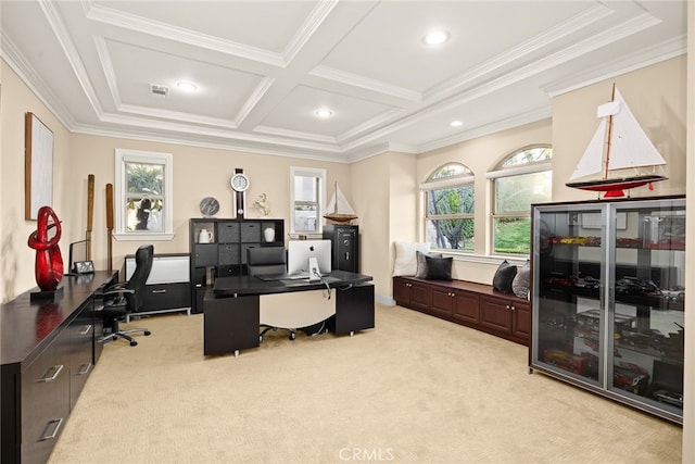 15841 Aurora Crest Dr, Whittier, CA 90605 - office space with light colored carpet, crown molding, coffered ceiling, beam ceiling, and recessed lighting