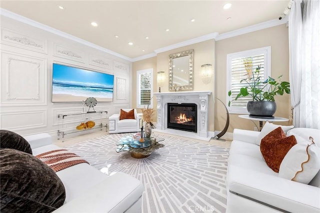 123 Calderon, Irvine, CA 92618 - living room featuring a high end fireplace, baseboards, crown molding, and recessed lighting