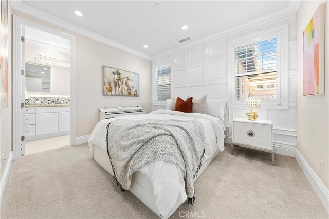 123 Calderon, Irvine, CA 92618 - bedroom with connected bathroom, light carpet, ornamental molding, visible vents, and recessed lighting