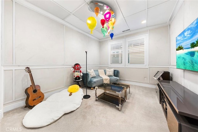 123 Calderon, Irvine, CA 92618 - sitting room with a decorative wall, a paneled ceiling, carpet floors, visible vents, and recessed lighting