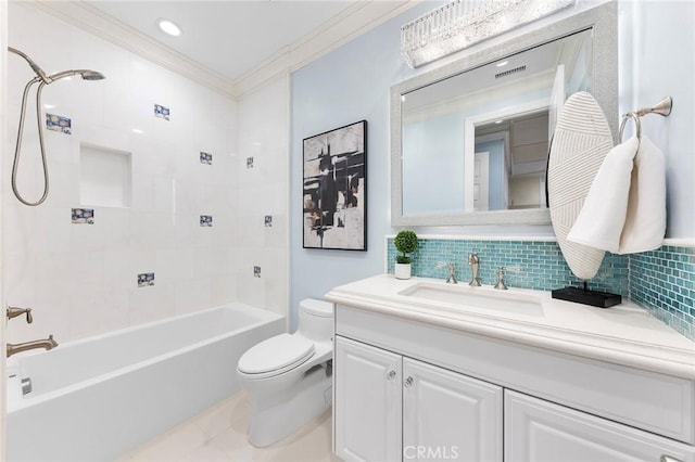123 Calderon, Irvine, CA 92618 - bathroom featuring vanity, tasteful backsplash, toilet, bathtub / shower combination, and ornamental molding
