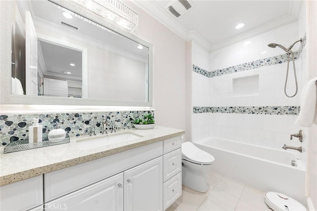 123 Calderon, Irvine, CA 92618 - full bath featuring crown molding, decorative backsplash, shower / washtub combination, toilet, and visible vents