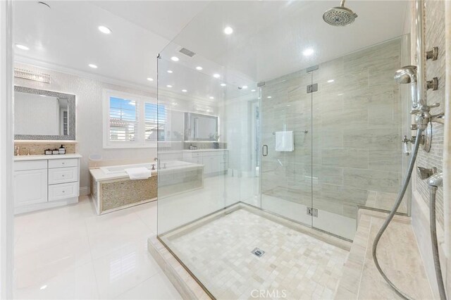 123 Calderon, Irvine, CA 92618 - full bathroom featuring recessed lighting, a shower stall, visible vents, a garden tub, and tile patterned flooring